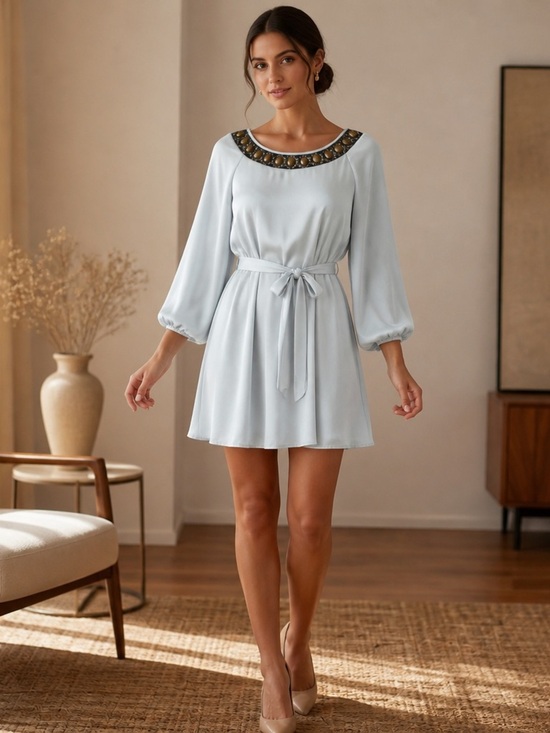 miami Dresses & Skirts - miami Light Blue Embellished Neck Tie-Waist Mini Dress